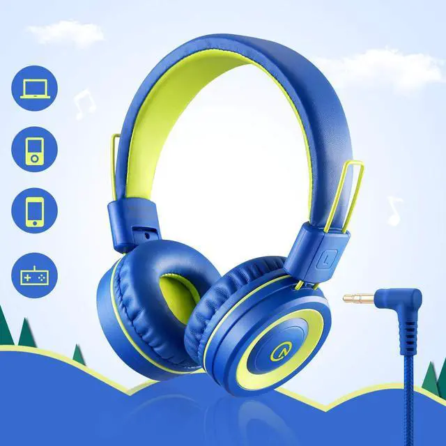 Alt view image 2 of 5 - noot products Kids Headphones with Microphone K12 Stereo 5ft Long Cord with 85dB/94dB Volume Limit Wired On-Ear Headset for iPad/ Kindle,Fire/Toddler/Boys/Girls/School(Blue/Lime)