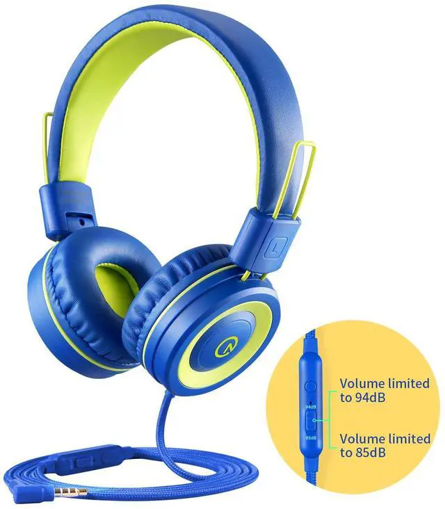 Alt view image 4 of 5 - noot products Kids Headphones with Microphone K12 Stereo 5ft Long Cord with 85dB/94dB Volume Limit Wired On-Ear Headset for iPad/ Kindle,Fire/Toddler/Boys/Girls/School(Blue/Lime)