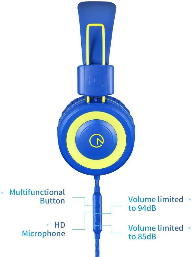 Alt view image 5 of 5 - noot products Kids Headphones with Microphone K12 Stereo 5ft Long Cord with 85dB/94dB Volume Limit Wired On-Ear Headset for iPad/ Kindle,Fire/Toddler/Boys/Girls/School(Blue/Lime)