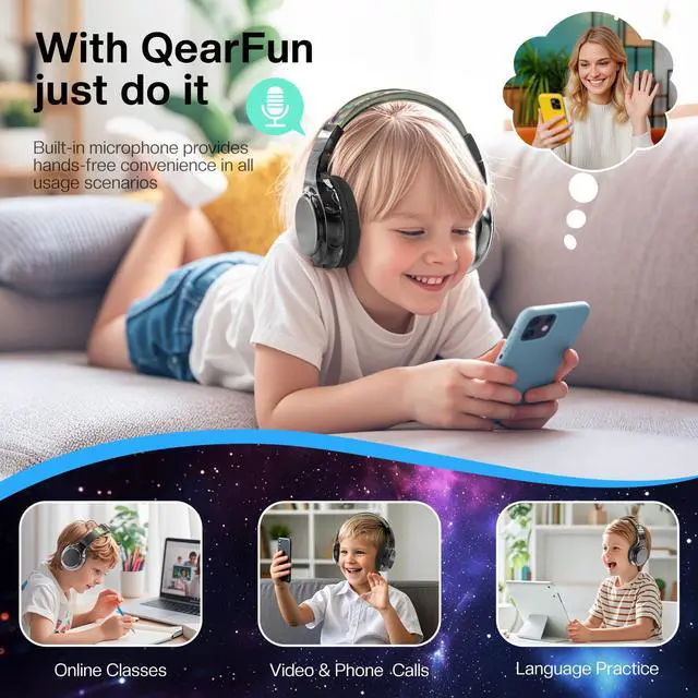 Alt view image 4 of 5 - QearFun Kids Bluetooth 5.3 Headphones, Wireless Metallic Gradient Headset, Lightweight Foldable On Ear Headphones with Aux Cord, Fast Charging, Built-in Mic, for School/Travel/Tablet/iPad