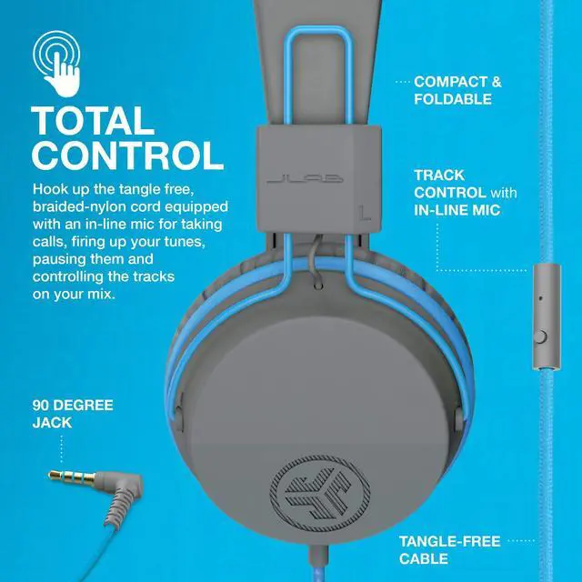Alt view image 4 of 5 - JLab JBuddies Studio On-Ear Kids Wired Headphones, Toddler Headphones, Kid Safe, Studio Volume Safe, Volume Limiter, Folding, Adjustable, Noise Isolation, with Mic (Graphite/Blue)