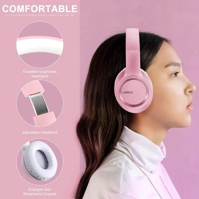 Alt view image 2 of 5 - LORELEI X8 Over-Ear Wired Headphones with Microphone with 1.45m-Tangle-Free Nylon Line&3.5mm Plug,Lightweight Foldable & Portable Headphones for Smartphone,Tablet,Computer,Mp3/4(Pearl Pink)