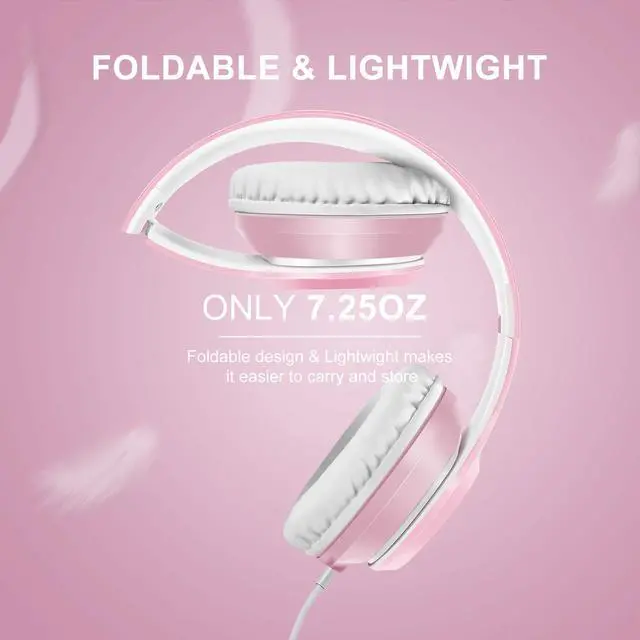 Alt view image 4 of 5 - LORELEI X8 Over-Ear Wired Headphones with Microphone with 1.45m-Tangle-Free Nylon Line&3.5mm Plug,Lightweight Foldable & Portable Headphones for Smartphone,Tablet,Computer,Mp3/4(Pearl Pink)