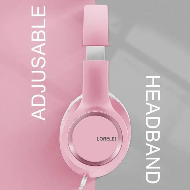 Alt view image 5 of 5 - LORELEI X8 Over-Ear Wired Headphones with Microphone with 1.45m-Tangle-Free Nylon Line&3.5mm Plug,Lightweight Foldable & Portable Headphones for Smartphone,Tablet,Computer,Mp3/4(Pearl Pink)