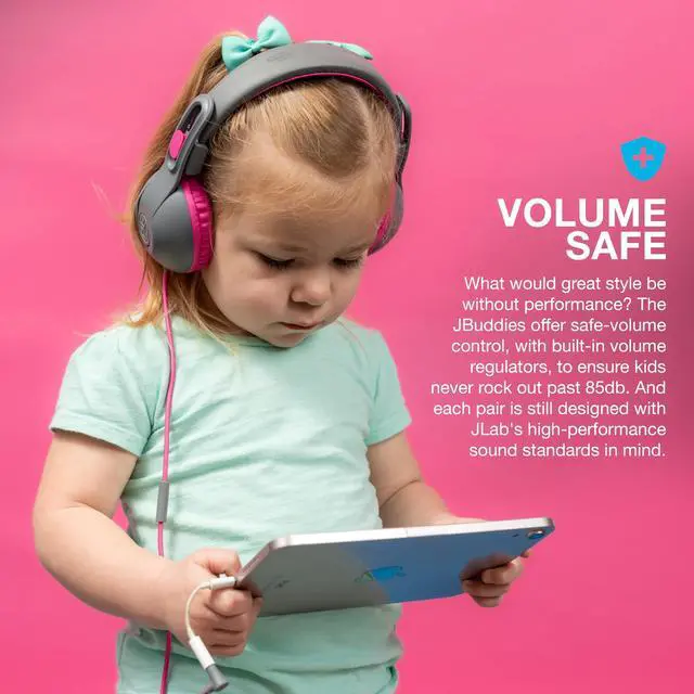 Alt view image 3 of 5 - JLab JBuddies Studio 2 On-Ear Kids Wired Headphones, Grey/Pink, Toddler Headphones, Kid Safe, Studio Volume Safe, Volume Limiter, Folding, Adjustable, Noise Isolation, with Mic