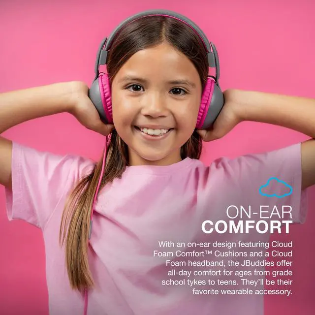 Alt view image 2 of 5 - JLab JBuddies Studio 2 On-Ear Kids Wired Headphones, Grey/Pink, Toddler Headphones, Kid Safe, Studio Volume Safe, Volume Limiter, Folding, Adjustable, Noise Isolation, with Mic