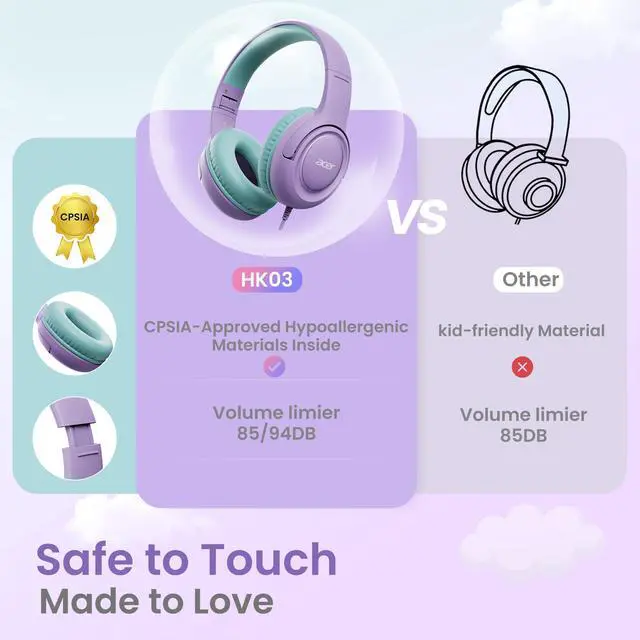 Alt view image 3 of 5 - Kids Headphones with Cord for School - Over-Ear 85/94dB Volume Limiter, 3.5mm Jack Foldable Stereo Sound Headset for Toddlers Girls Boy Travel Learning Entertainment Tablet Kindle iPad PC Purple Green