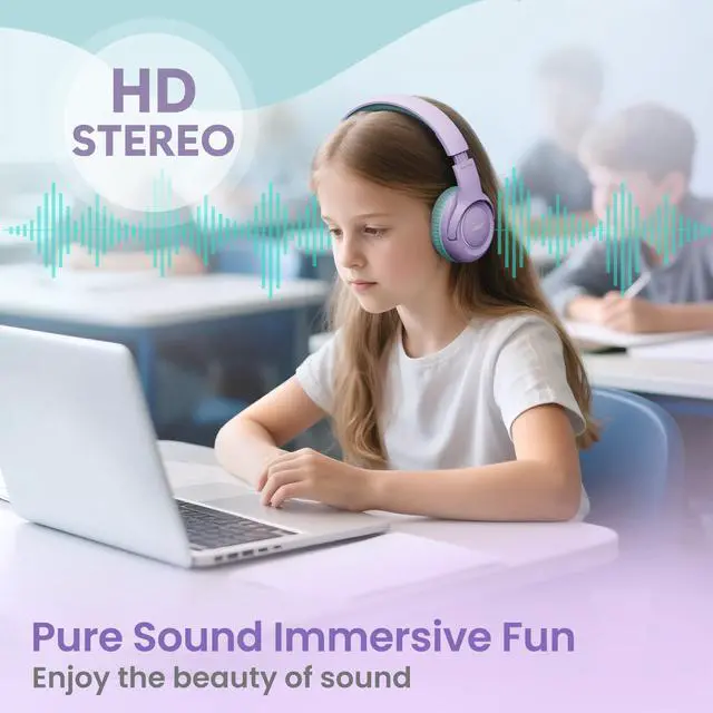 Alt view image 4 of 5 - Kids Headphones with Cord for School - Over-Ear 85/94dB Volume Limiter, 3.5mm Jack Foldable Stereo Sound Headset for Toddlers Girls Boy Travel Learning Entertainment Tablet Kindle iPad PC Purple Green