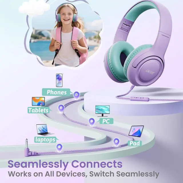 Alt view image 5 of 5 - Kids Headphones with Cord for School - Over-Ear 85/94dB Volume Limiter, 3.5mm Jack Foldable Stereo Sound Headset for Toddlers Girls Boy Travel Learning Entertainment Tablet Kindle iPad PC Purple Green
