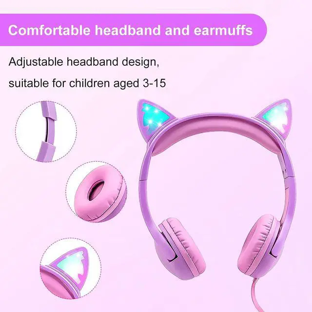 Alt view image 4 of 5 - Olyre Kids Headphones, Safe 85db Volume Control Light Up Cat Ear Headphones for iPad Fire Tablet Kindle, On-Ear LED Children Headphones for School Learning Travel - Purple/Pink