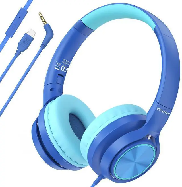 Main image of VkingMoR Kids Headphones for School Travel, Upgrade USB Type C Safe Volume 94dB, with Mic HD Stereo Sound Foldable On-Ear Headphones for Boys/Girls/Students/Tablet/Travel Blue
