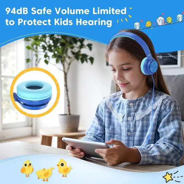 Alt view image 5 of 5 - VkingMoR Kids Headphones for School Travel, Upgrade USB Type C Safe Volume 94dB, with Mic HD Stereo Sound Foldable On-Ear Headphones for Boys/Girls/Students/Tablet/Travel Blue