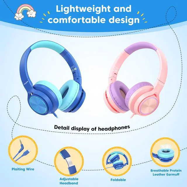 Alt view image 4 of 5 - VkingMoR Kids Headphones for School Travel, Upgrade USB Type C Safe Volume 94dB, with Mic HD Stereo Sound Foldable On-Ear Headphones for Boys/Girls/Students/Tablet/Travel Blue