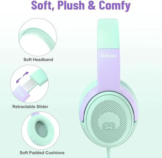 Alt view image 2 of 5 - rockpapa Share 1 Kids Headphones Wired with Microphone & Share Port, 85dB/94dB Volume Limited, Cute Foldable Student Child Boys Girls Headphones for School/Classroom/Travel Green/Purple