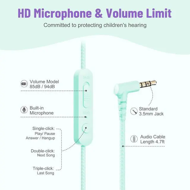 Alt view image 3 of 5 - rockpapa Share 1 Kids Headphones Wired with Microphone & Share Port, 85dB/94dB Volume Limited, Cute Foldable Student Child Boys Girls Headphones for School/Classroom/Travel Green/Purple