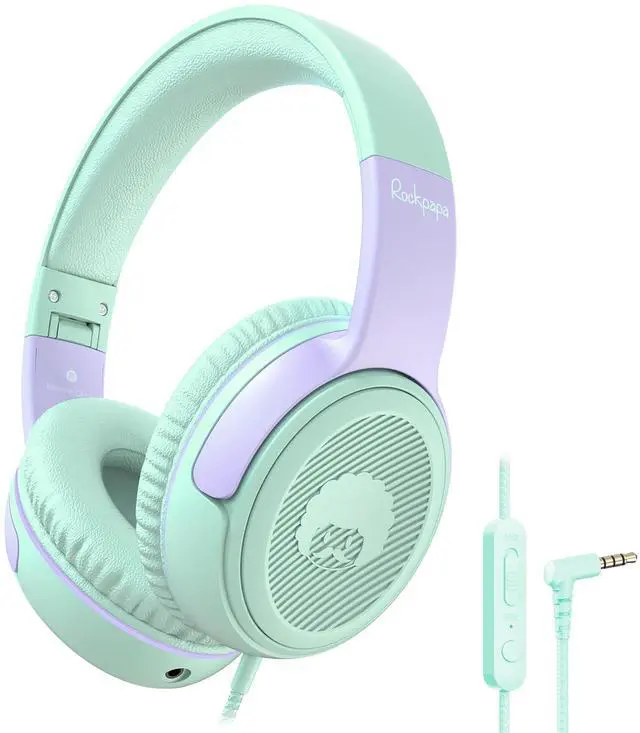 Main image of rockpapa Share 1 Kids Headphones Wired with Microphone & Share Port, 85dB/94dB Volume Limited, Cute Foldable Student Child Boys Girls Headphones for School/Classroom/Travel Green/Purple