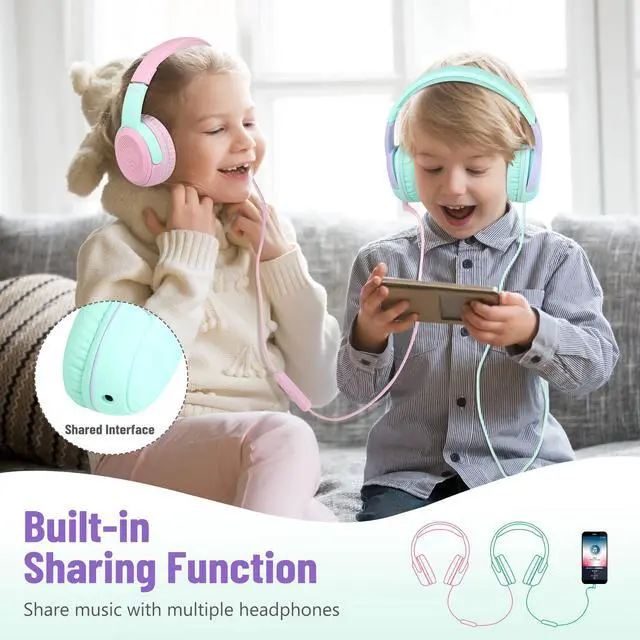 Alt view image 4 of 5 - rockpapa Share 1 Kids Headphones Wired with Microphone & Share Port, 85dB/94dB Volume Limited, Cute Foldable Student Child Boys Girls Headphones for School/Classroom/Travel Green/Purple