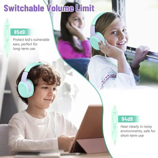 Alt view image 5 of 5 - rockpapa Share 1 Kids Headphones Wired with Microphone & Share Port, 85dB/94dB Volume Limited, Cute Foldable Student Child Boys Girls Headphones for School/Classroom/Travel Green/Purple