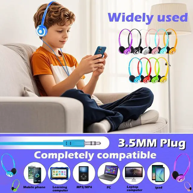 Alt view image 4 of 5 - CNSZSLZ 10 Pack Classroom Kids Headphones Bulk Class Set of Headphones for Students Children Toddler Boys Girls Teen and Adult 3.5mm Jack Mixed Colors (B)