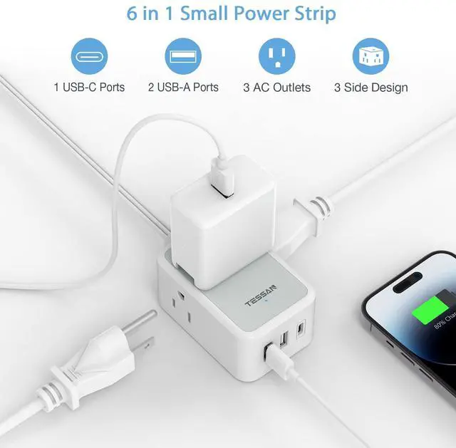 Alt view image 3 of 5 - Small Flat Plug Power Strip, TESSAN Ultra Thin Extension Cord with 3 USB Wall Charger (1 USB C), 3 Outlets Mini Charging Station, 5 ft Slim Plug for Cruise Travel Office School Dorm Room Essentials