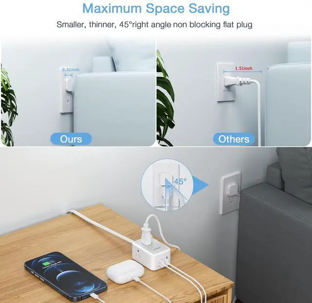 Alt view image 2 of 5 - Small Flat Plug Power Strip, TESSAN Ultra Thin Extension Cord with 3 USB Wall Charger (1 USB C), 3 Outlets Mini Charging Station, 5 ft Slim Plug for Cruise Travel Office School Dorm Room Essentials