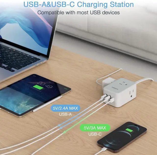 Alt view image 4 of 5 - Small Flat Plug Power Strip, TESSAN Ultra Thin Extension Cord with 3 USB Wall Charger (1 USB C), 3 Outlets Mini Charging Station, 5 ft Slim Plug for Cruise Travel Office School Dorm Room Essentials