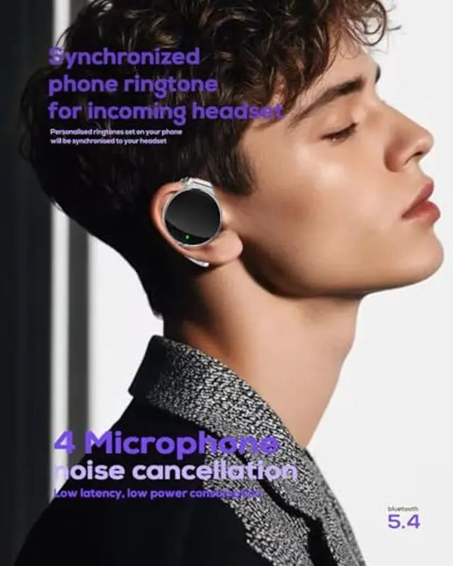 Alt view image 3 of 5 - Open Ear Headphones Bluetooth 5.4, Sport On Ear Headphones Wireless, Water-Drop Shaped Noise Cancelling Clip On Headset Bluetooth with Long Battery Life, Comfort Fit 4 Microphones Earphones