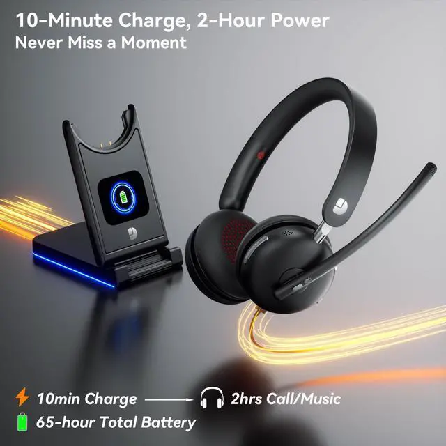 Alt view image 3 of 5 - Dytole Wireless Headset with Mic for Work-Bluetooth 5.3 Headset with Noise Cancelling, Wireless Headsets with 65Hrs Battery & 10Min Fast Charge, Smart Dock with Digital Display for PC/Computer/Teams