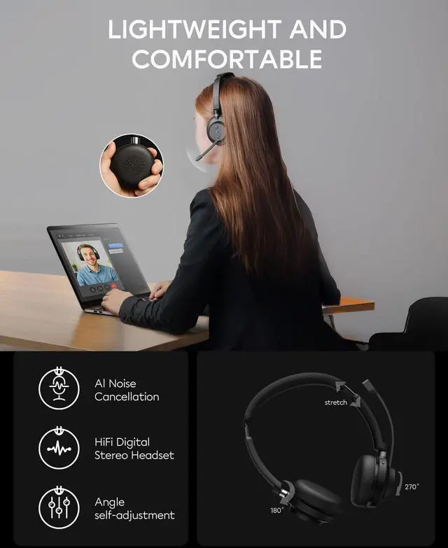 Alt view image 4 of 5 - Wireless Headset with Mic for Work, Bluetooth 5.3, Advanced Noise reduction Microphone, & HD Microphone & HiFi Stereo & Ultra Lightweight Comfortable Bluetooth Headphones for PC, Laptop, iPhone,Zoom