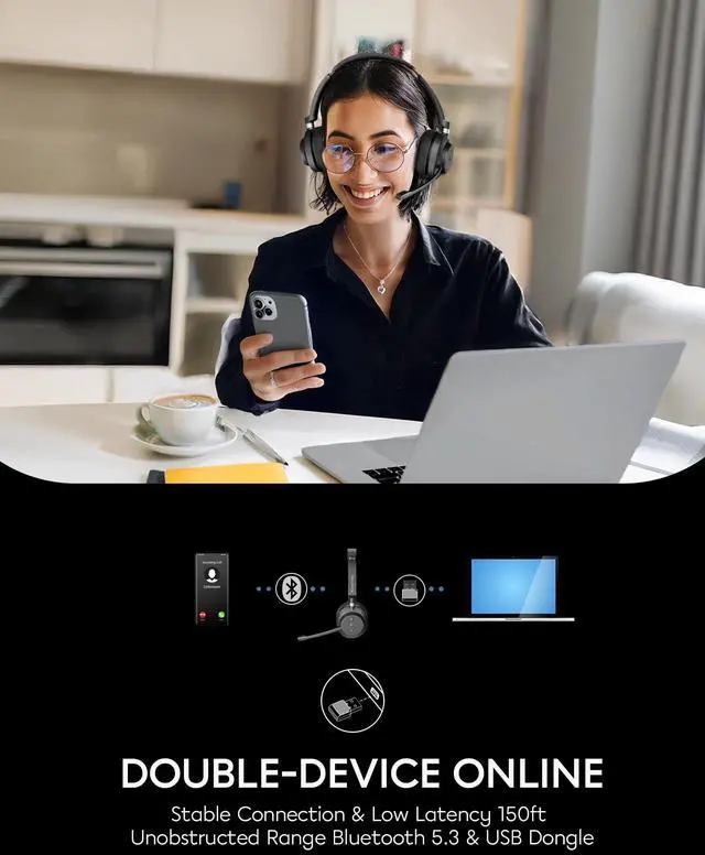 Alt view image 5 of 5 - Wireless Headset with Mic for Work, Bluetooth 5.3, Advanced Noise reduction Microphone, & HD Microphone & HiFi Stereo & Ultra Lightweight Comfortable Bluetooth Headphones for PC, Laptop, iPhone,Zoom