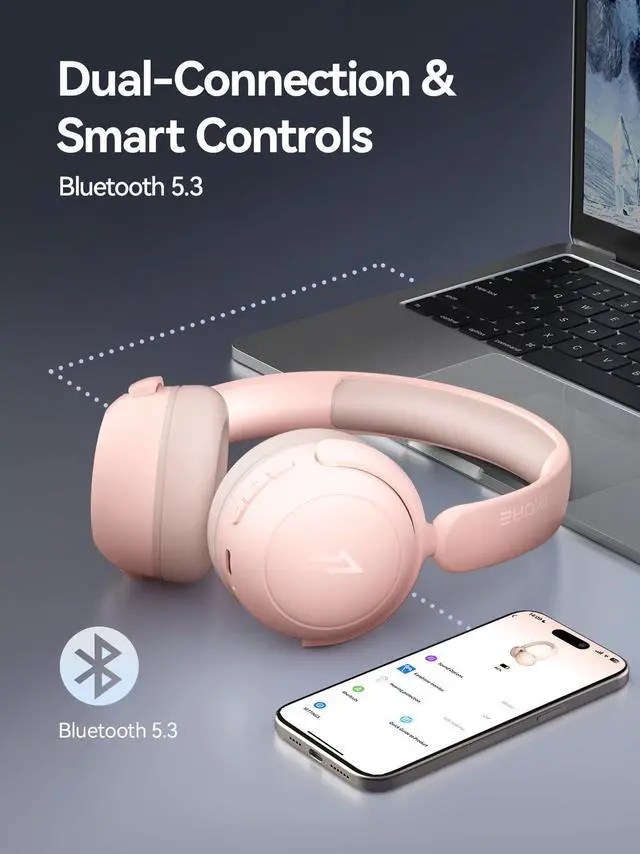 Alt view image 5 of 5 - 1MORE HQ20 Wireless On-Ear Headphones with Microphone, 85dB Safe Volume, 65H Playtime, Lightweight Foldable Bluetooth Headphones for School/Travel, Android and iOS Compatible, Pink