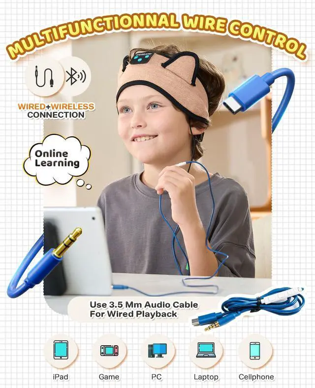 Alt view image 5 of 5 - KIDSBAND Kids Headphones, Over On The Ear Toddler/Baby Headband Headphones - Volume Limited with Thin Speakers & Soft Headband No Pressure On Ears, for Learning/Plane/Travel/Tablet/Computer/Sleep