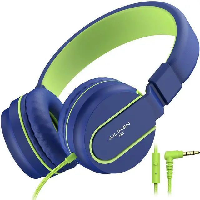 Main image of AILIHEN Kids Headphones, I35 On-Ear Headphones for School, Safe Volume 93dB, HD Mic Stereo Headphone for Kid Girls Boys, Foldable 3.5mm Wired for Chromebook, Laptop, Computer, Tablet (Blue Green)
