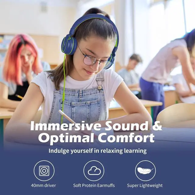 Alt view image 2 of 5 - AILIHEN Kids Headphones, I35 On-Ear Headphones for School, Safe Volume 93dB, HD Mic Stereo Headphone for Kid Girls Boys, Foldable 3.5mm Wired for Chromebook, Laptop, Computer, Tablet (Blue Green)