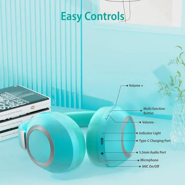 Alt view image 5 of 5 - EAORUL Active Noise Cancelling Headphones, 100H Playtime Bluetooth Headphones Wireless Bluetooth with Mic, Over Ear Wireless Headset with Deep Bass,Fast Charging for Travel (Light Green)
