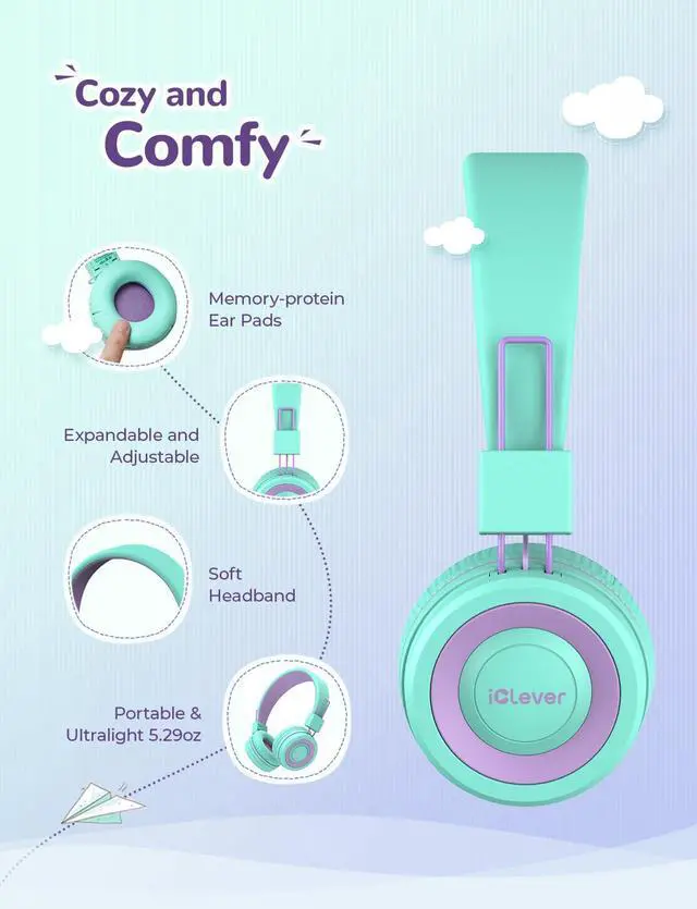 Alt view image 5 of 5 - iClever Kids Bluetooth Headphones, BTH02 93H Playtime Type C Fast Charging, Bluetooth 5.4, Adjustable Kids Headphones, Safe Volume 85 dBA, Foldable Kids Wireless Headphones with MIC for iPad, Green