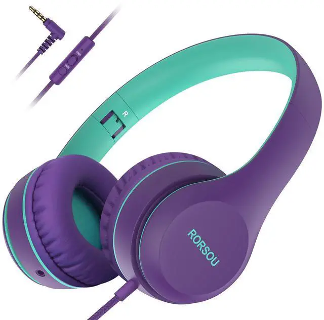 Main image of RORSOU K5 Kids Headphones with Microphone for shchool, Volume Limiter 85/94dB, Foldable Stereo Tangle-Free 3.5mm Jack Wired Cord On-Ear Headphones for Children/Boys/Girls/Kindle/Tablet/MP3/4 (Purple)