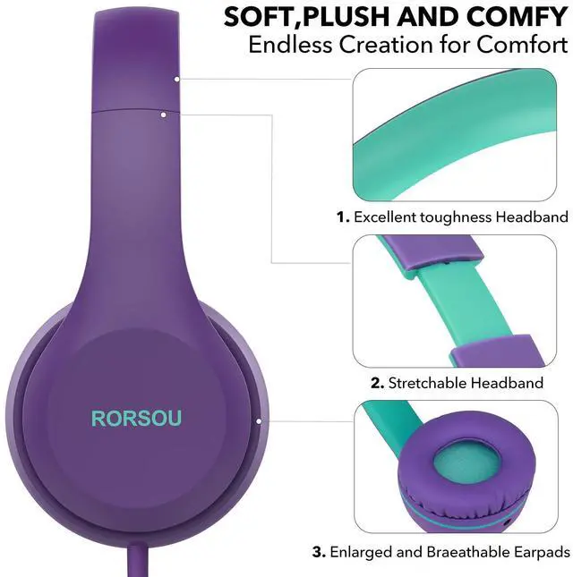 Alt view image 3 of 5 - RORSOU K5 Kids Headphones with Microphone for shchool, Volume Limiter 85/94dB, Foldable Stereo Tangle-Free 3.5mm Jack Wired Cord On-Ear Headphones for Children/Boys/Girls/Kindle/Tablet/MP3/4 (Purple)