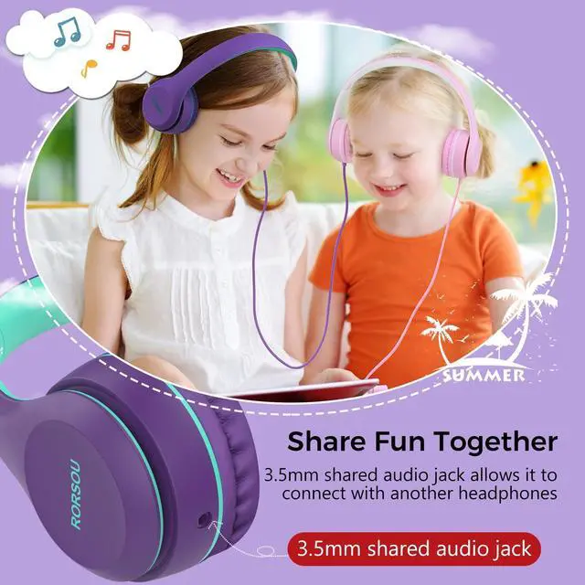 Alt view image 5 of 5 - RORSOU K5 Kids Headphones with Microphone for shchool, Volume Limiter 85/94dB, Foldable Stereo Tangle-Free 3.5mm Jack Wired Cord On-Ear Headphones for Children/Boys/Girls/Kindle/Tablet/MP3/4 (Purple)