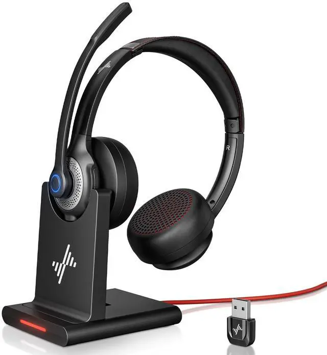Main image of JIAMQISHI Wireless Headset with AI Noise Cancelling Microphone Bluetooth Headset - Bluetooth V5.2 Headphones with USB Dongle, Charging Base & Mic Mute for Computer/Laptop/PC/iPhone/Android/Cell Phones