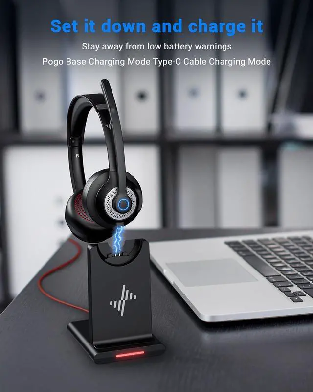 Alt view image 2 of 5 - JIAMQISHI Wireless Headset with AI Noise Cancelling Microphone Bluetooth Headset - Bluetooth V5.2 Headphones with USB Dongle, Charging Base & Mic Mute for Computer/Laptop/PC/iPhone/Android/Cell Phones