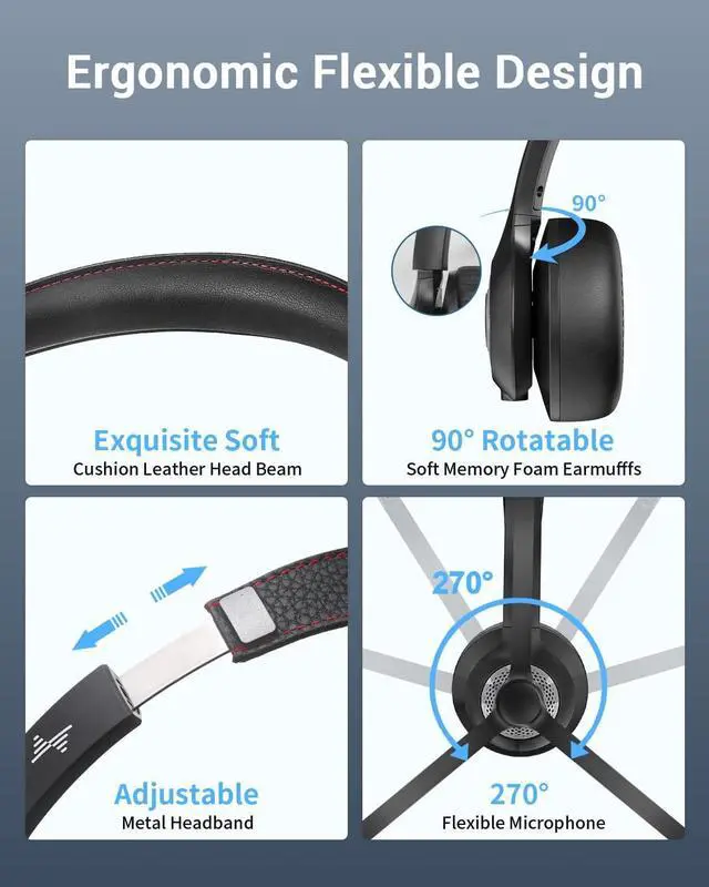 Alt view image 5 of 5 - JIAMQISHI Wireless Headset with AI Noise Cancelling Microphone Bluetooth Headset - Bluetooth V5.2 Headphones with USB Dongle, Charging Base & Mic Mute for Computer/Laptop/PC/iPhone/Android/Cell Phones