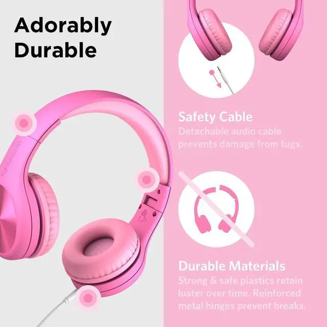 Alt view image 3 of 5 - LilGadgets Connect+Wired Kids Headphones for School with Microphone, Volume Limiting & Noise Reduction Over-Ear Headset with Cord, SharePort Technology & SoftTouch Padding, Pink - Kid Headphones