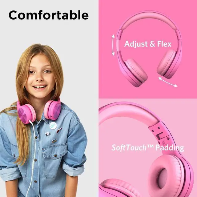 Alt view image 2 of 5 - LilGadgets Connect+Wired Kids Headphones for School with Microphone, Volume Limiting & Noise Reduction Over-Ear Headset with Cord, SharePort Technology & SoftTouch Padding, Pink - Kid Headphones