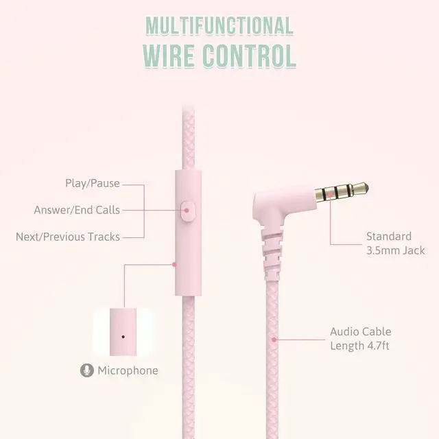 Alt view image 3 of 5 - rockpapa L22 Wired Headphones for Kids Girls Boys Women with Microphone, Foldable Stereo 3.5mm Corded Headphones for School Classroom Chromebooks Computer Laptop Phone Airplane (Pink)