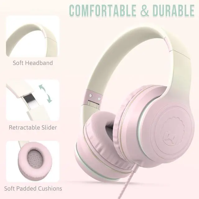 Alt view image 2 of 5 - rockpapa L22 Wired Headphones for Kids Girls Boys Women with Microphone, Foldable Stereo 3.5mm Corded Headphones for School Classroom Chromebooks Computer Laptop Phone Airplane (Pink)