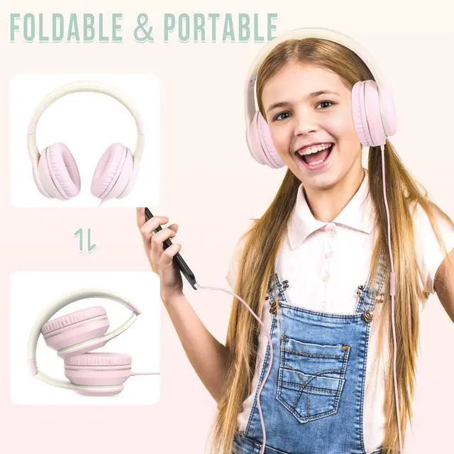 Alt view image 4 of 5 - rockpapa L22 Wired Headphones for Kids Girls Boys Women with Microphone, Foldable Stereo 3.5mm Corded Headphones for School Classroom Chromebooks Computer Laptop Phone Airplane (Pink)
