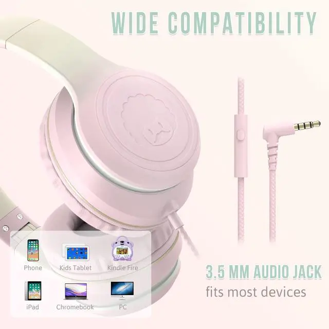 Alt view image 5 of 5 - rockpapa L22 Wired Headphones for Kids Girls Boys Women with Microphone, Foldable Stereo 3.5mm Corded Headphones for School Classroom Chromebooks Computer Laptop Phone Airplane (Pink)