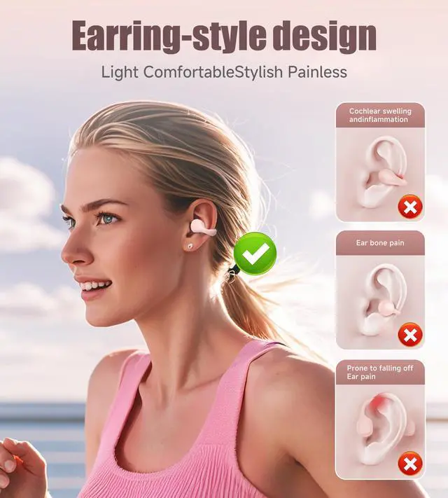 Alt view image 2 of 5 - King Lucky i21 Open Ear Clip On Earbuds Wireless Bluetooth Ear Clip Headphones with Mic, Noise Cancelling, Waterproof IPX4, for Small Ears, Perfect for Running, Sports, and Glasses Wearers (Pink)