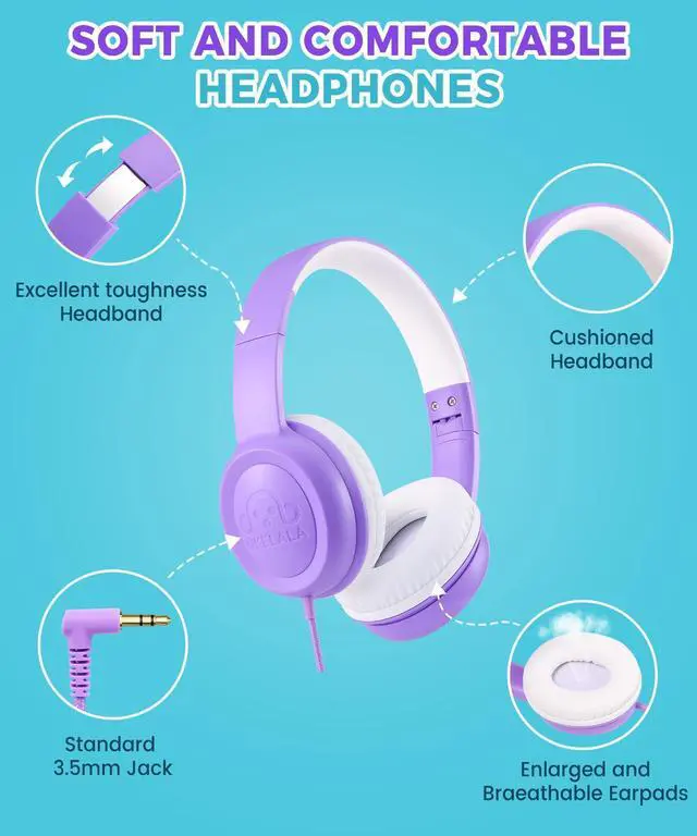 Alt view image 2 of 5 - UKELALA C3 Kids Headphones Wired, On-Ear Wired Head Phones for Boys Girls with 3.5mm Jack, Foldable, Adjustable Headband, Child Headphone for School Home Airplane Tablet Purple